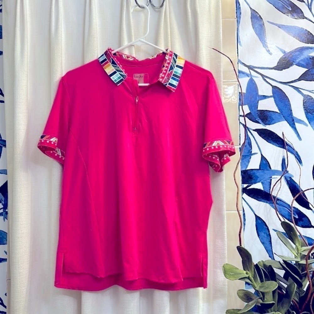 NWOT Women’s Lucky in Love Hot Pink BORDERLINE POLO SHORT SLEEVE Size XL